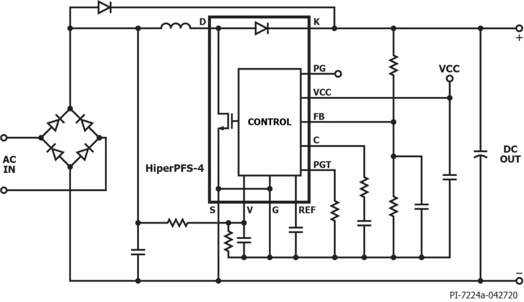 图4：HiperPFS-4器件在同一个封装内集成了用于有源功率因数校正的关键元件.png